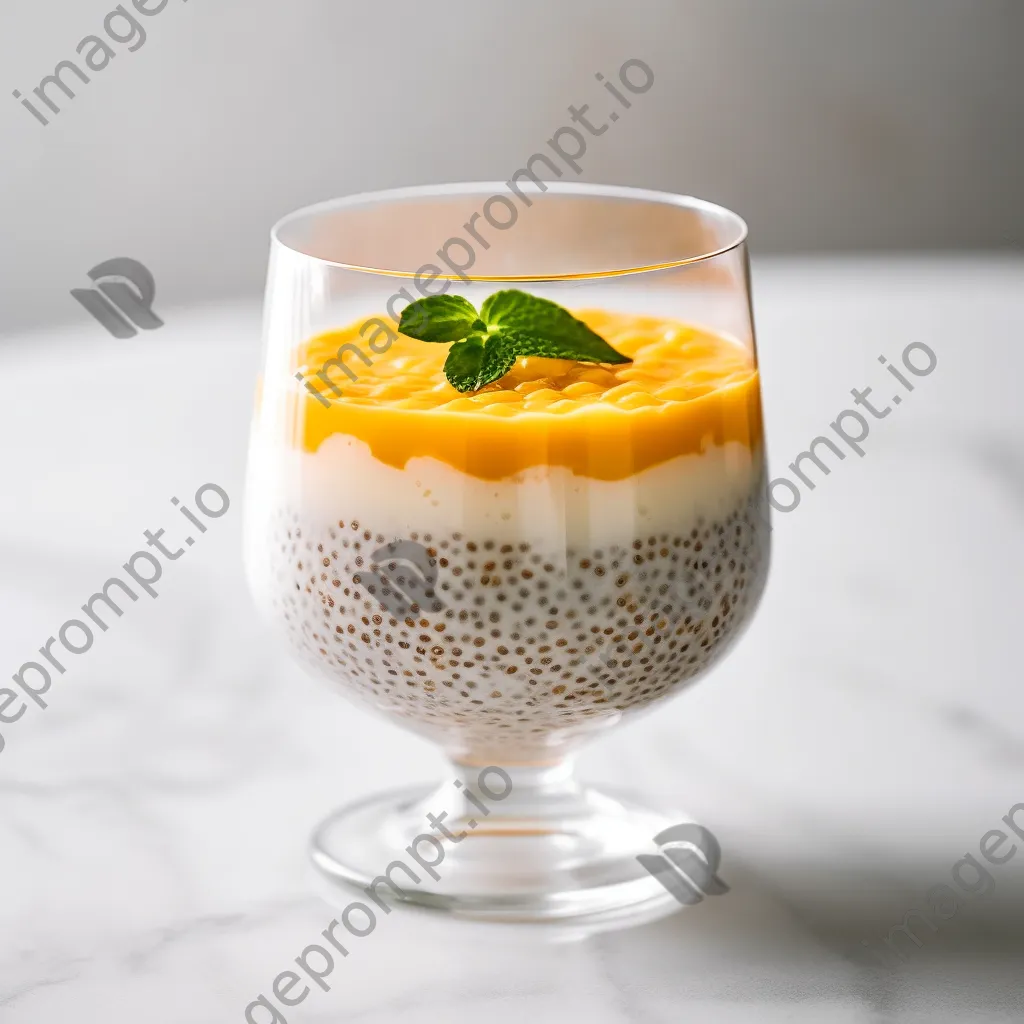 A glass of chia pudding layered with mango puree and coconut on a marble surface. - Image 3