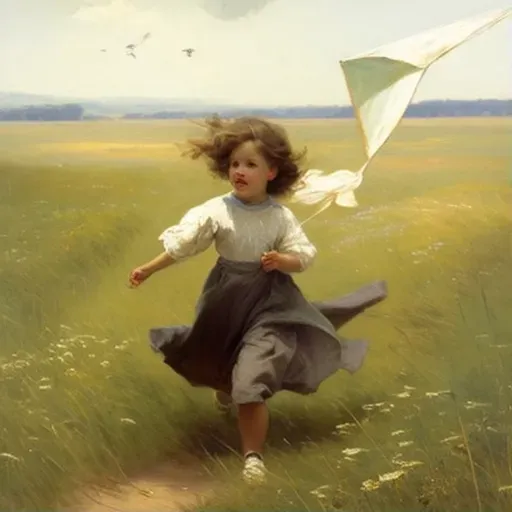 Child running through open field with a colorful kite - Image 1