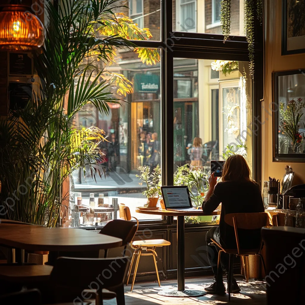 Freelancer on laptop in a busy café with morning light - Image 1