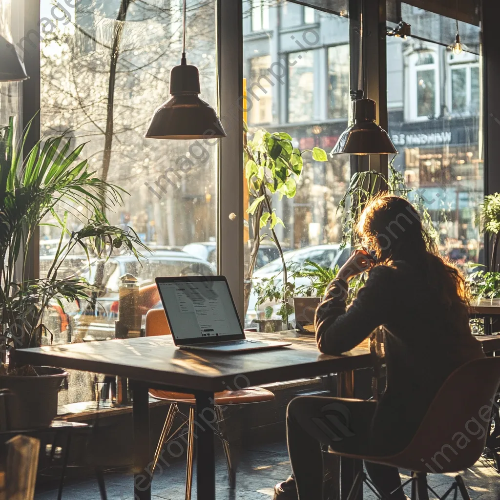 Freelancer on laptop in a busy café with morning light - Image 2