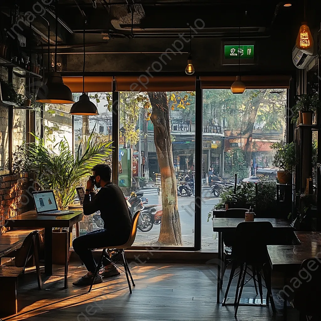 Freelancer on laptop in a busy café with morning light - Image 3