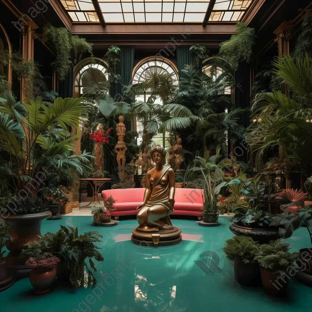 Surreal indoor botanical garden in art deco style with bronze statues of iconic movie characters - Image 1