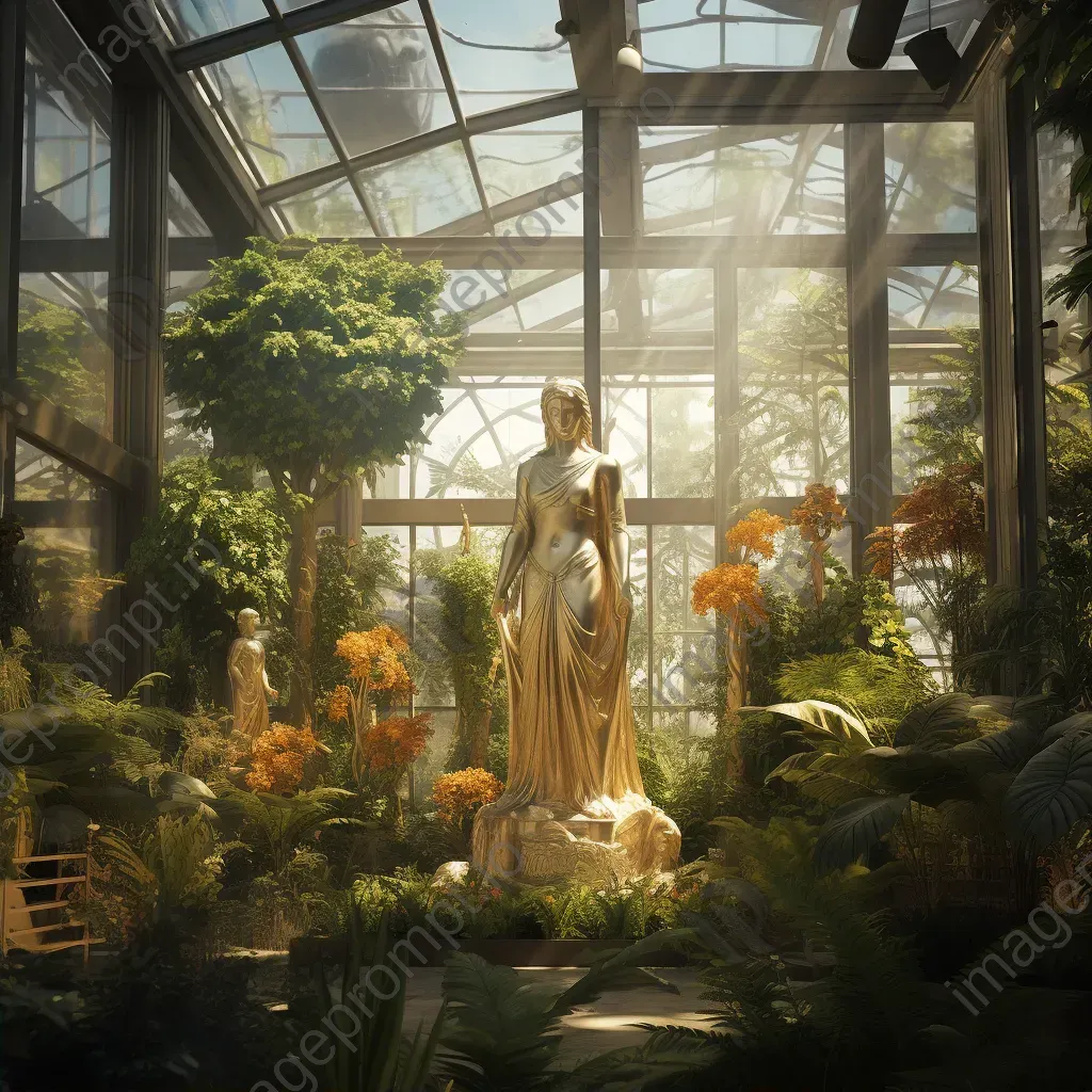 Surreal indoor botanical garden in art deco style with bronze statues of iconic movie characters - Image 2