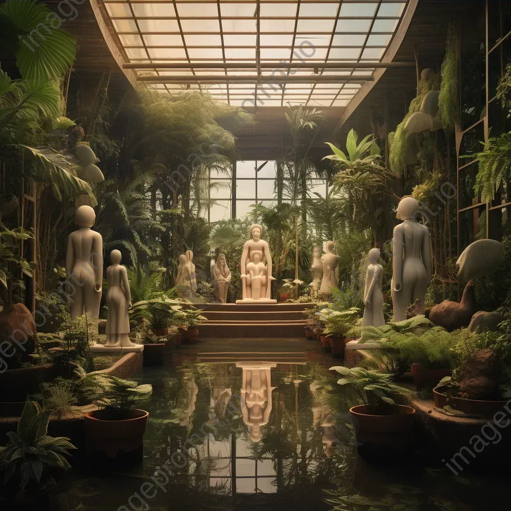 Surreal indoor botanical garden in art deco style with bronze statues of iconic movie characters - Image 3