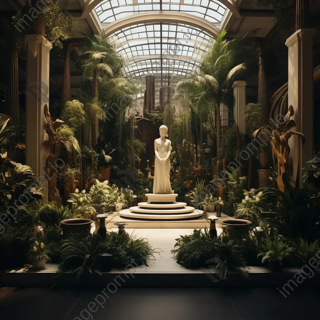 Surreal indoor botanical garden in art deco style with bronze statues of iconic movie characters - Image 4