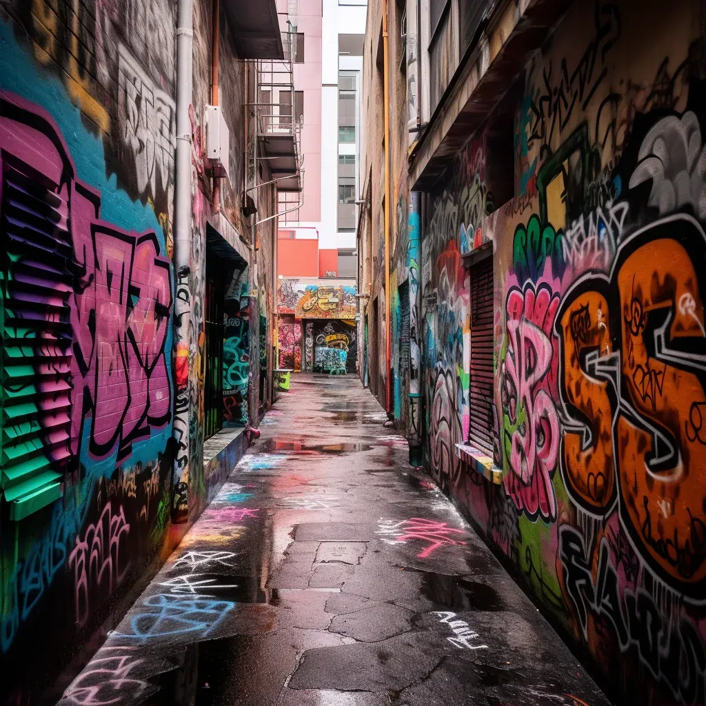 Urban alleyway adorned with vibrant graffiti art - Image 1