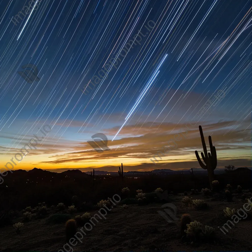 Star trails streaking across the sky above a desert landscape with cacti - Image 1