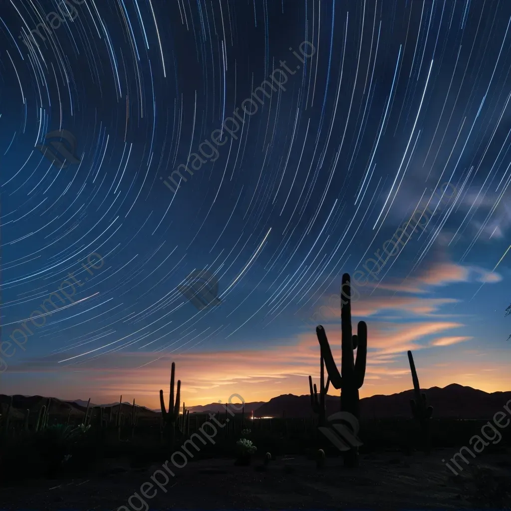 Star trails streaking across the sky above a desert landscape with cacti - Image 2