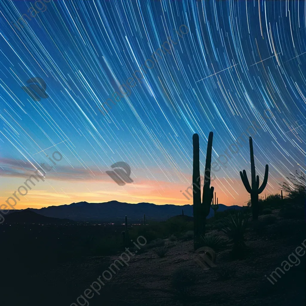 Star trails streaking across the sky above a desert landscape with cacti - Image 3