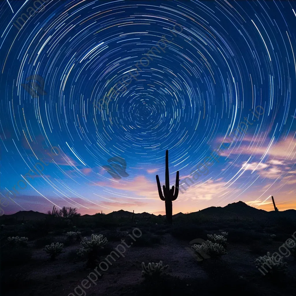 Star trails streaking across the sky above a desert landscape with cacti - Image 4