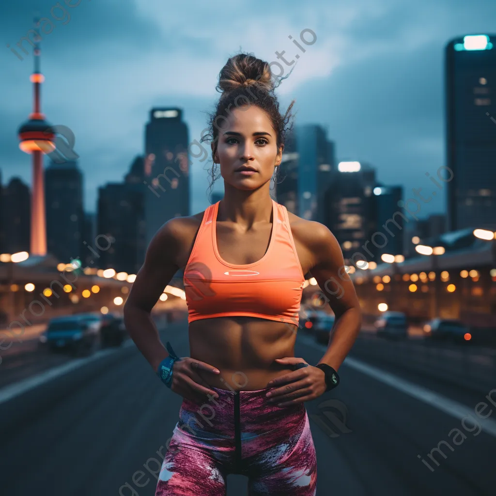 Female runner stretching near city skyline at dusk - Image 2