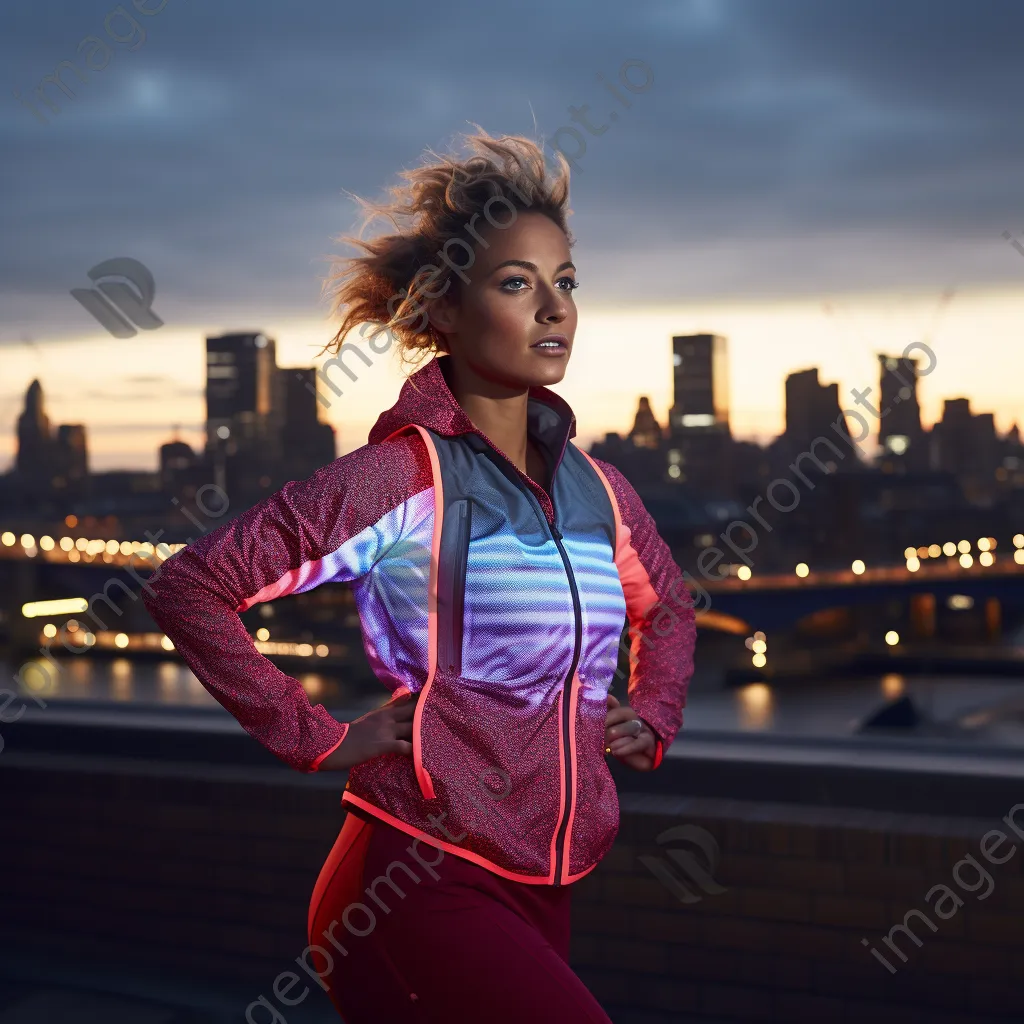 Female runner stretching near city skyline at dusk - Image 4