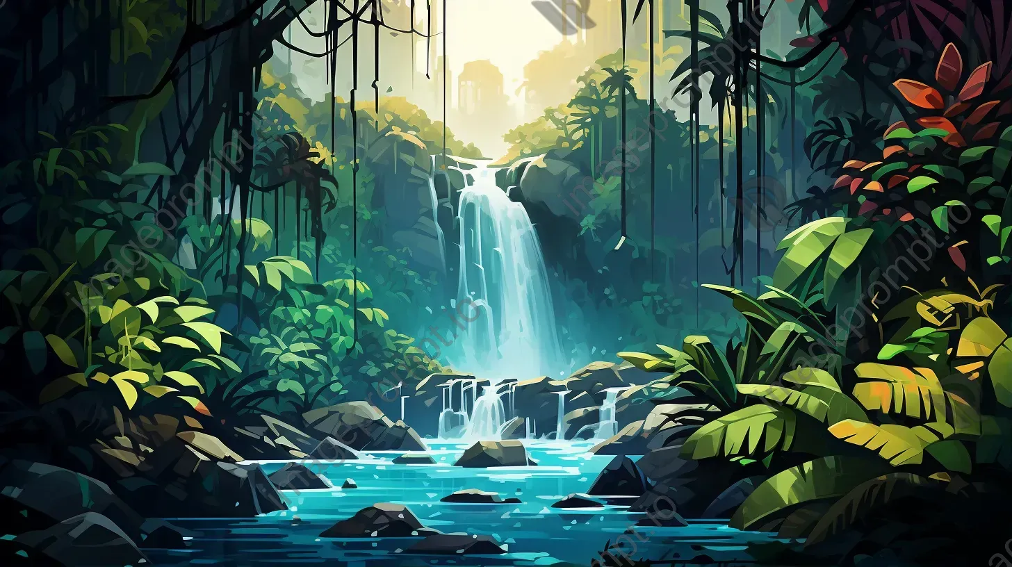 Polygonal depiction of a tropical rainforest waterfall - Image 1