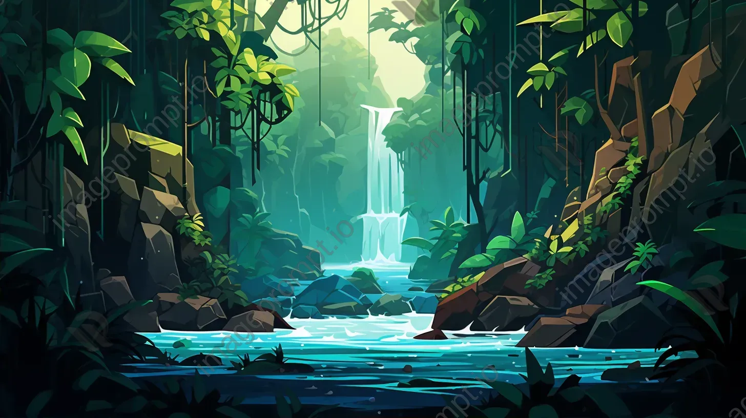 Polygonal depiction of a tropical rainforest waterfall - Image 2