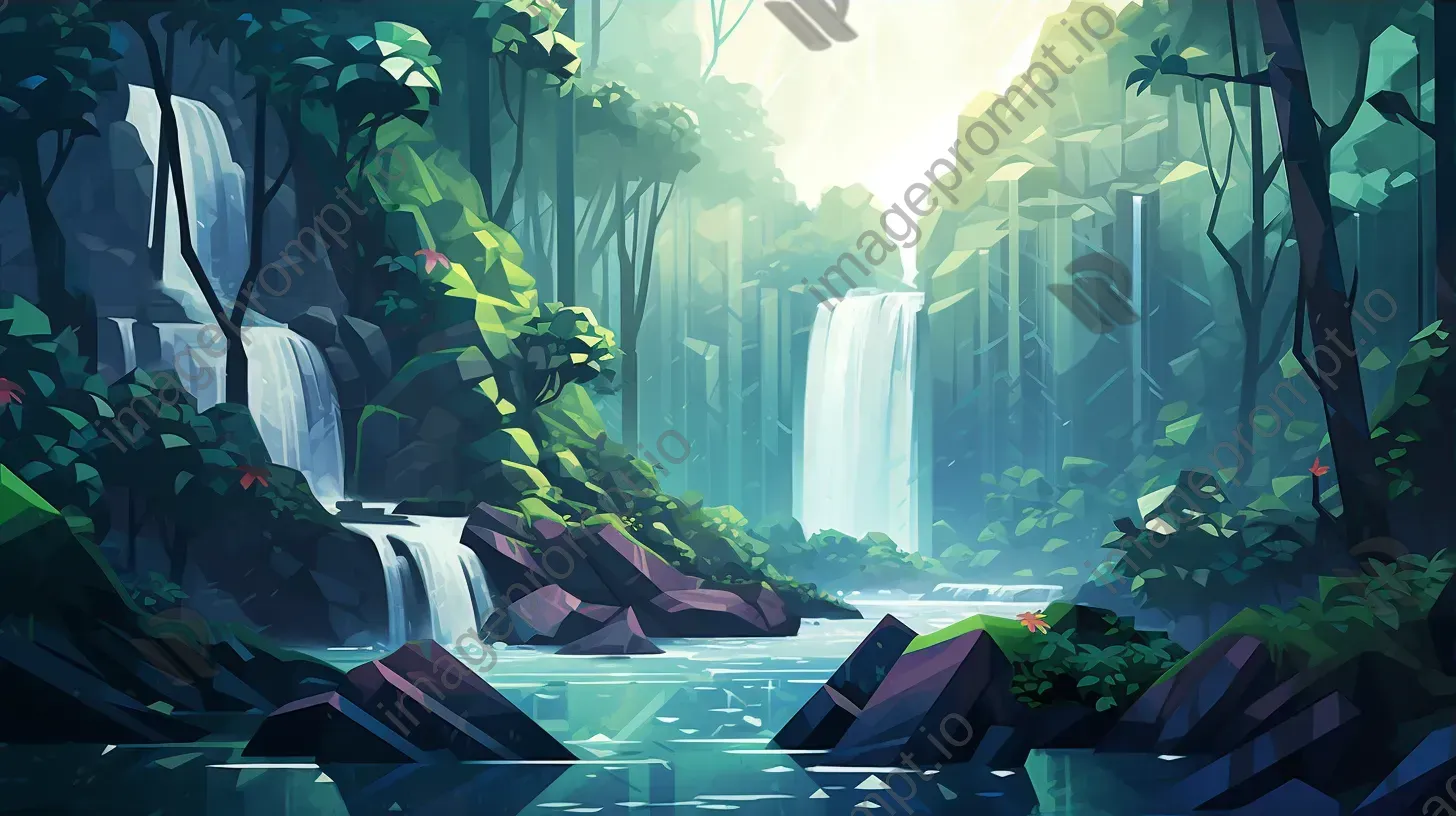 Polygonal depiction of a tropical rainforest waterfall - Image 3