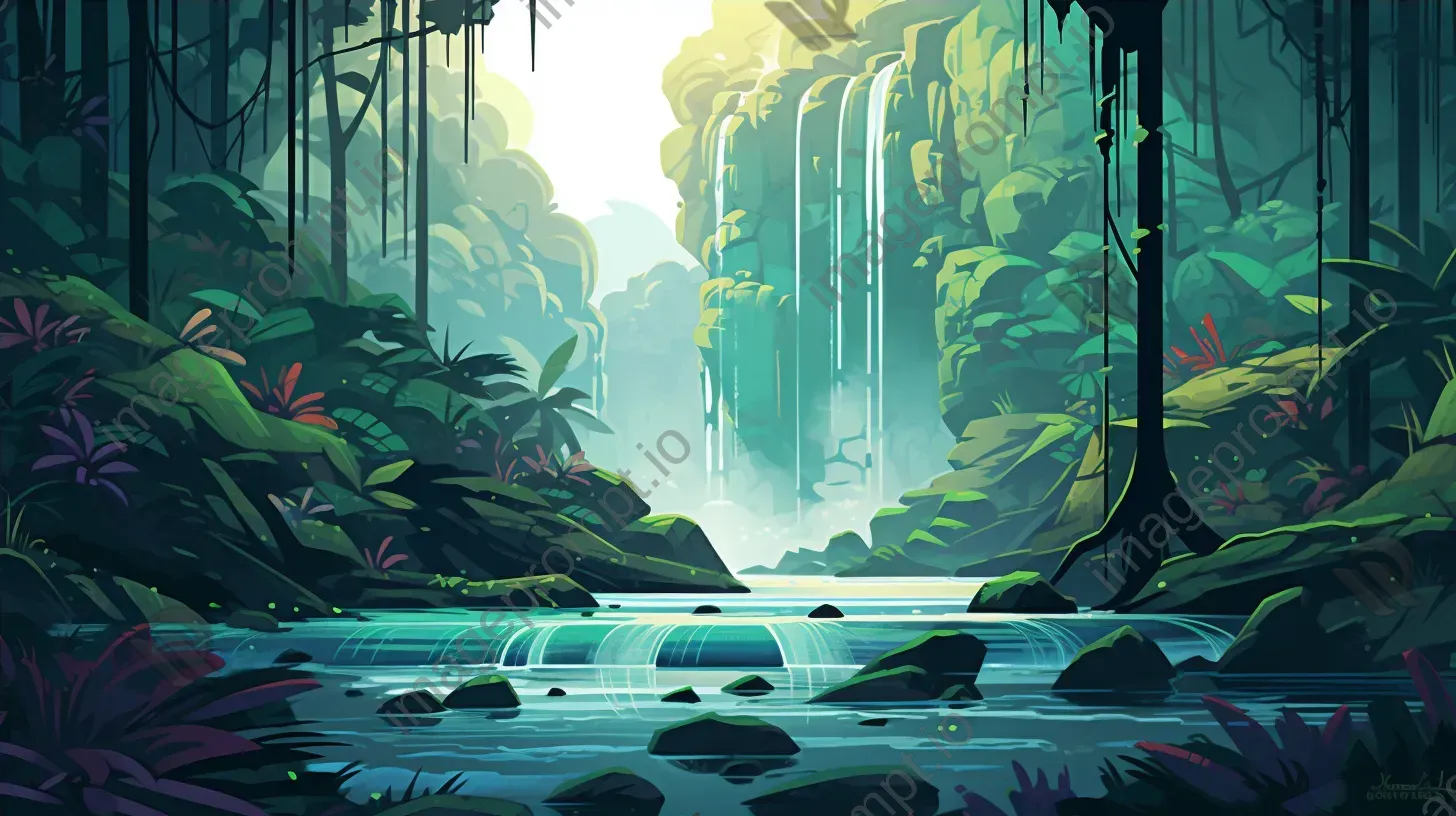 Polygonal depiction of a tropical rainforest waterfall - Image 4