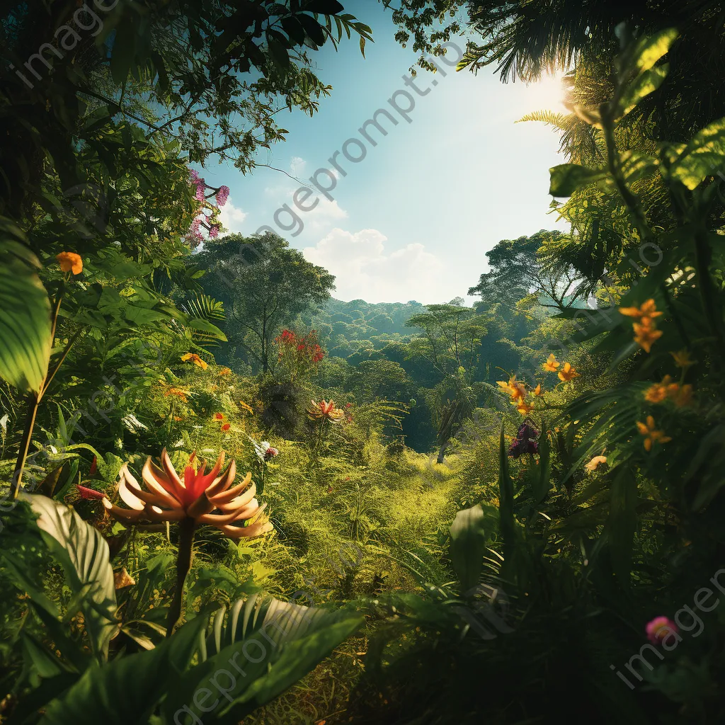 Peaceful jungle landscape with blue sky and green foliage - Image 1