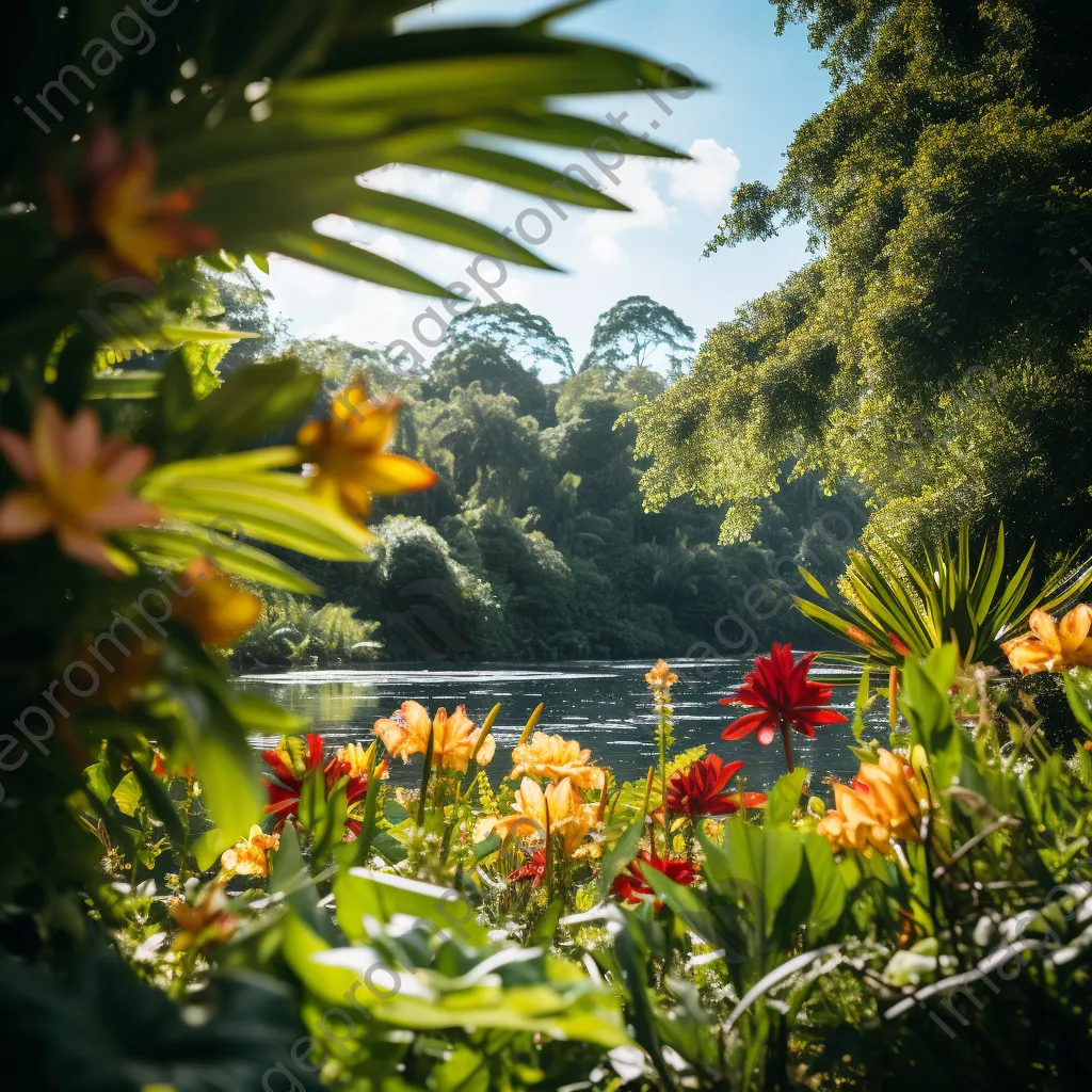 Peaceful jungle landscape with blue sky and green foliage - Image 2