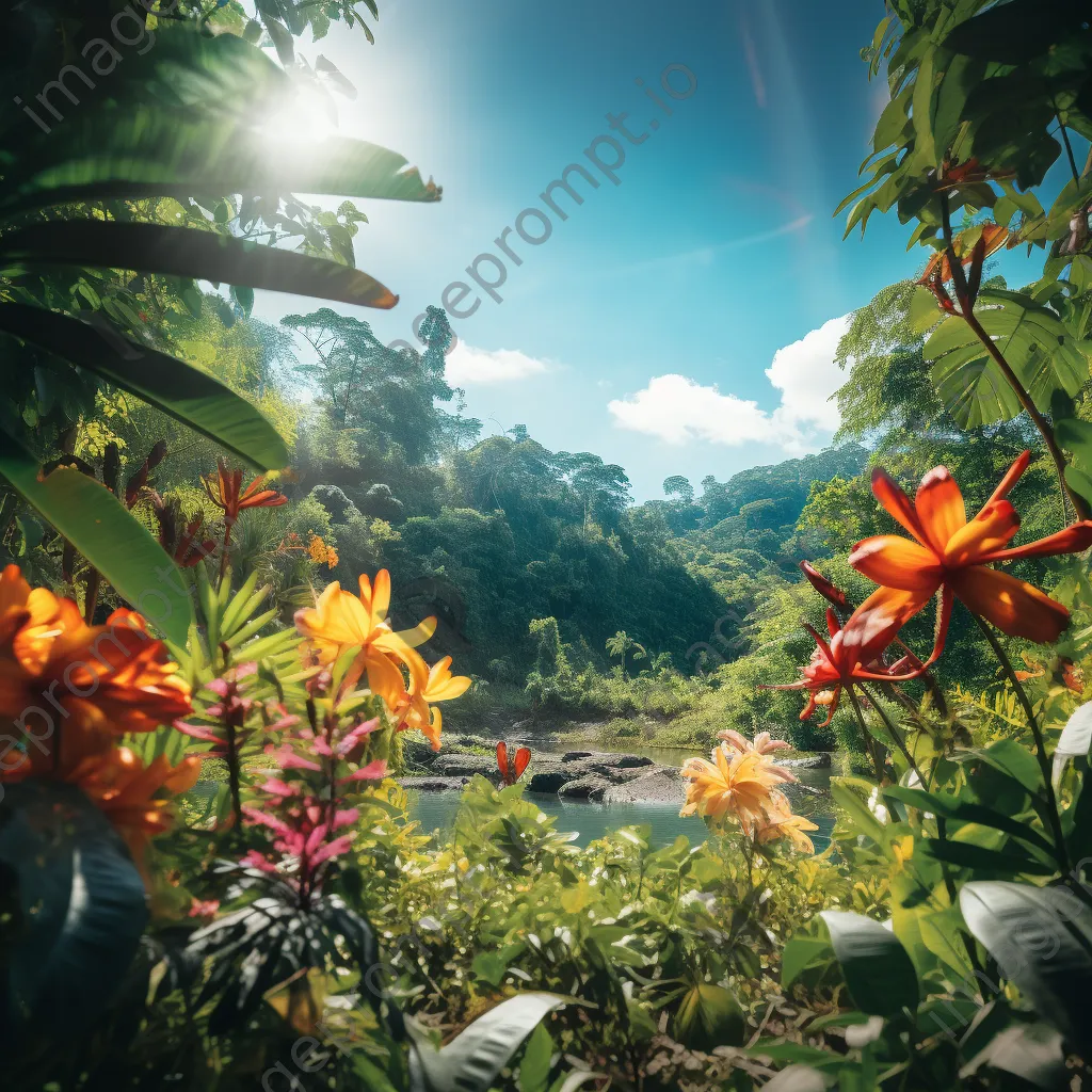 Peaceful jungle landscape with blue sky and green foliage - Image 3