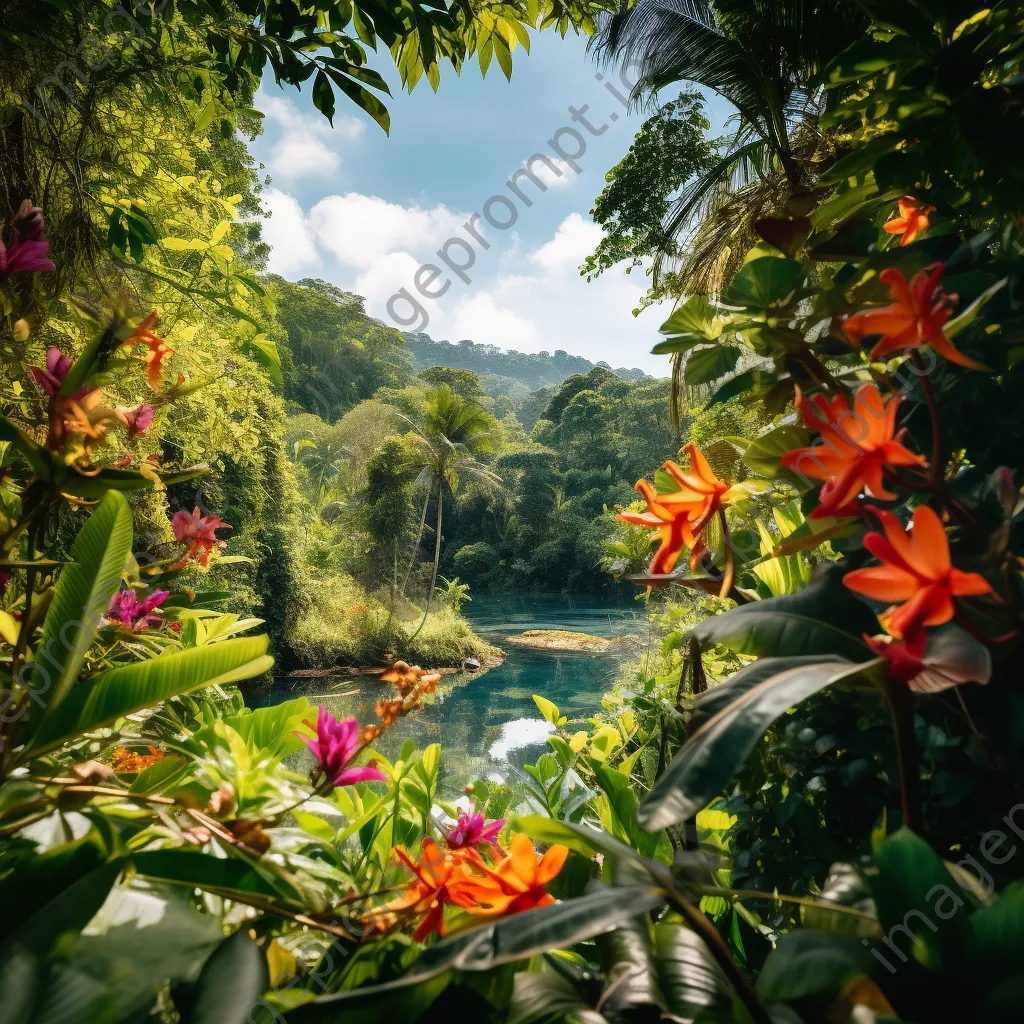 Peaceful jungle landscape with blue sky and green foliage - Image 4