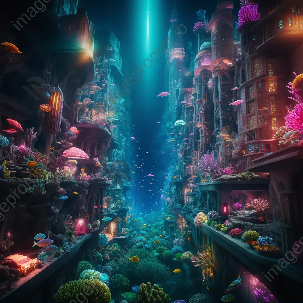 Underwater cityscape with coral skyscrapers and mermaid inhabitants - Image 2