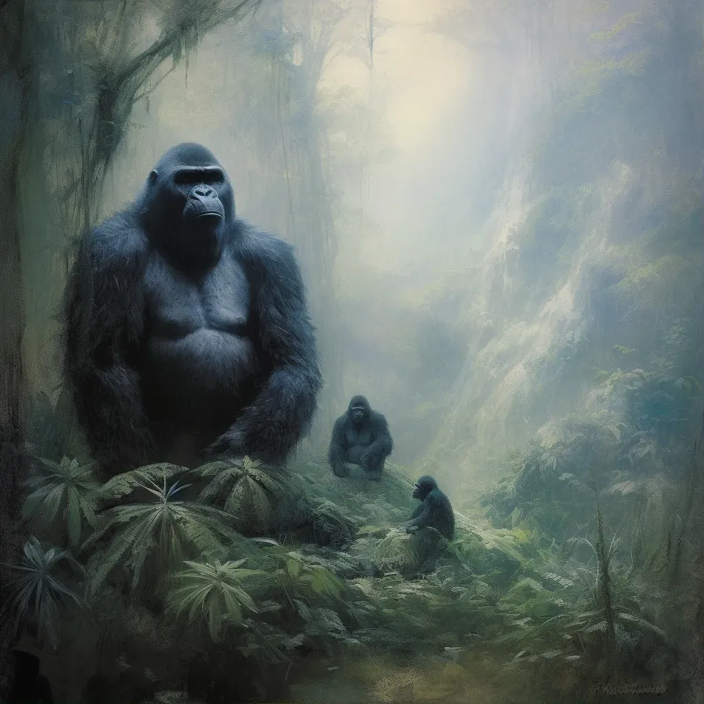 Family of mountain gorillas protected by a silverback gorilla in misty Rwanda forest - Image 1