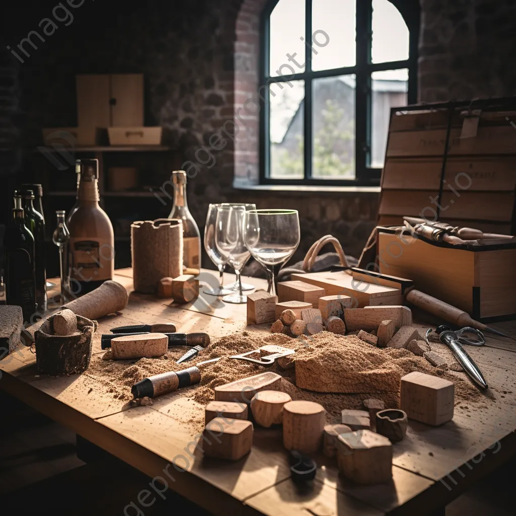 Cork harvesting tools arranged on a wooden table - Image 3