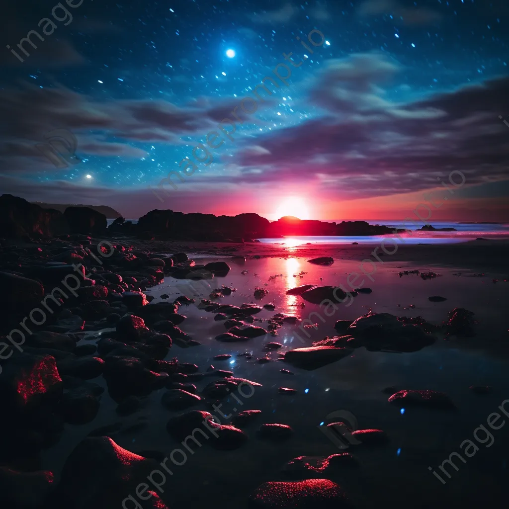 Colorful light trails on a dark beach under the night sky. - Image 1