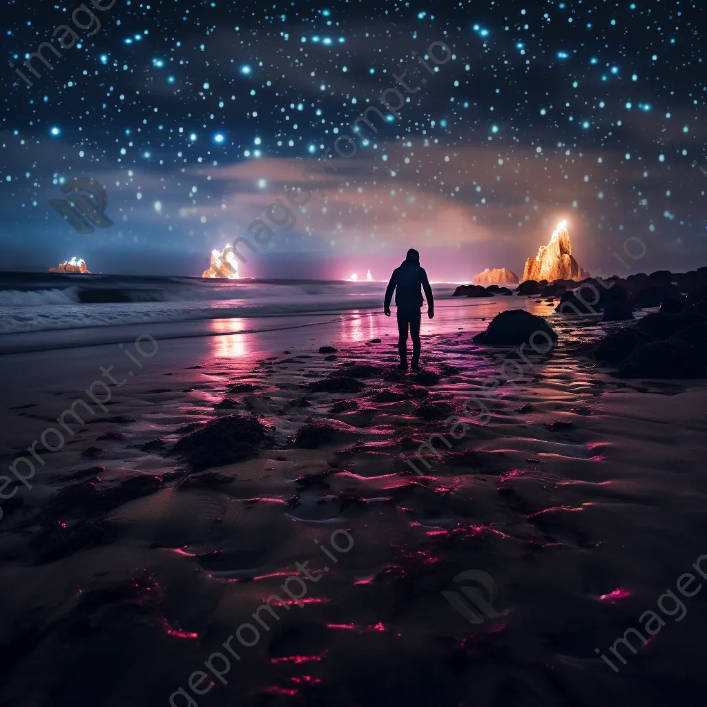 Colorful light trails on a dark beach under the night sky. - Image 3