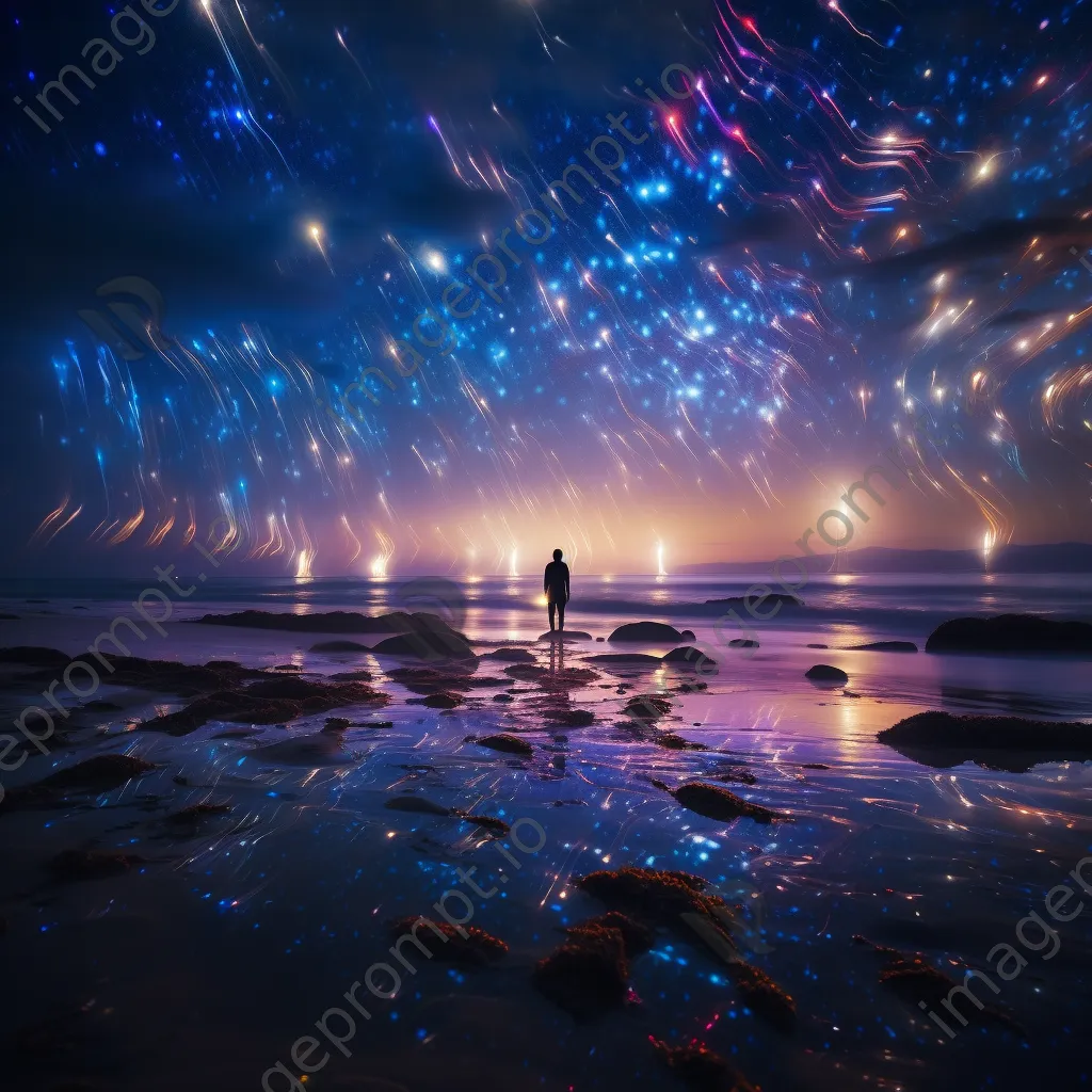 Colorful light trails on a dark beach under the night sky. - Image 4