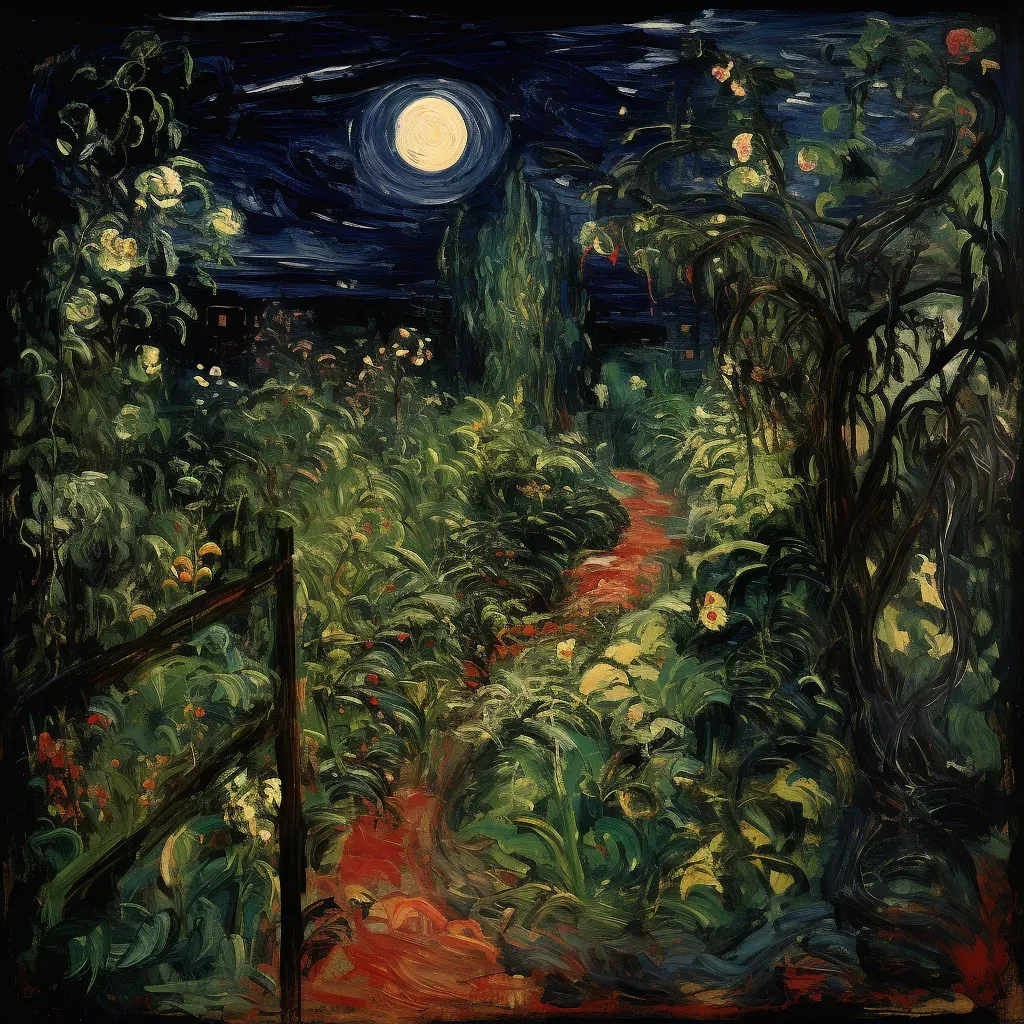 Nighttime garden with blooming flowers under a full moon - Image 1