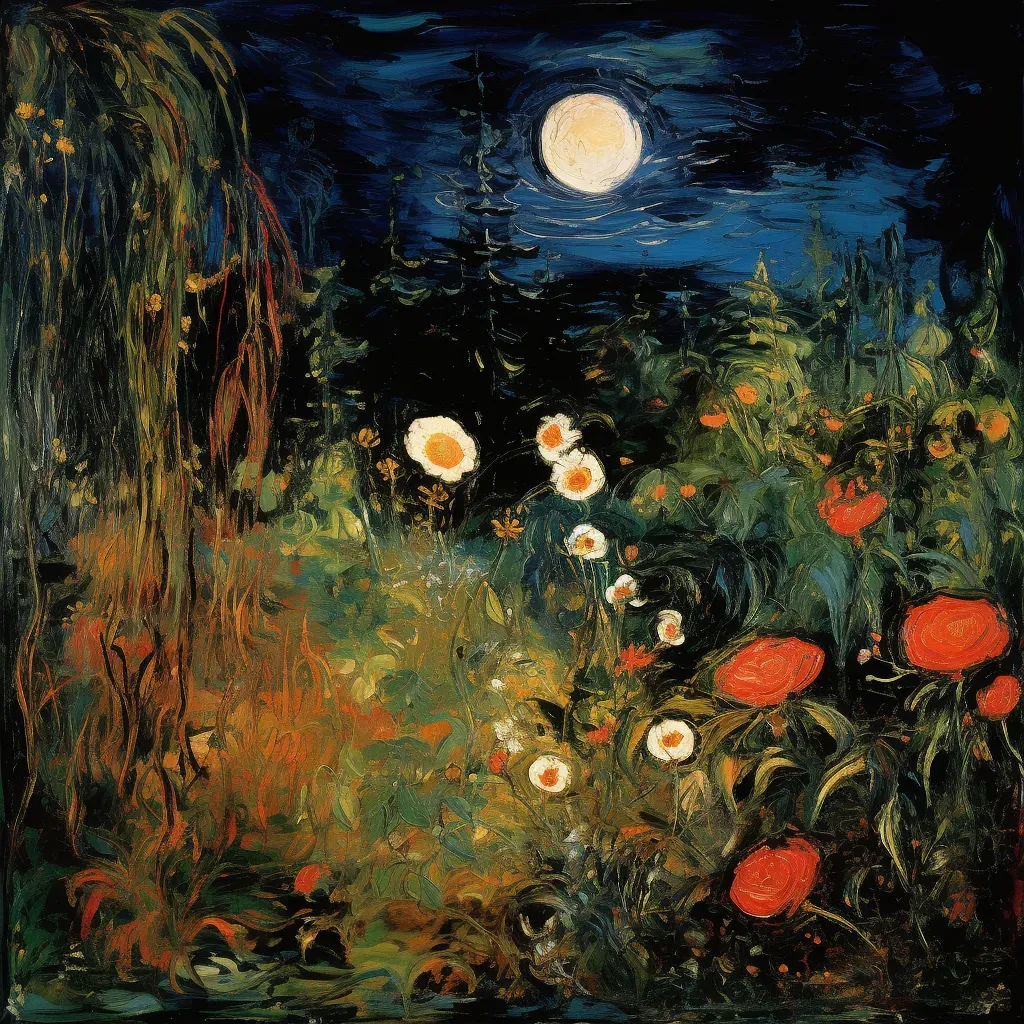 Nighttime garden with blooming flowers under a full moon - Image 2