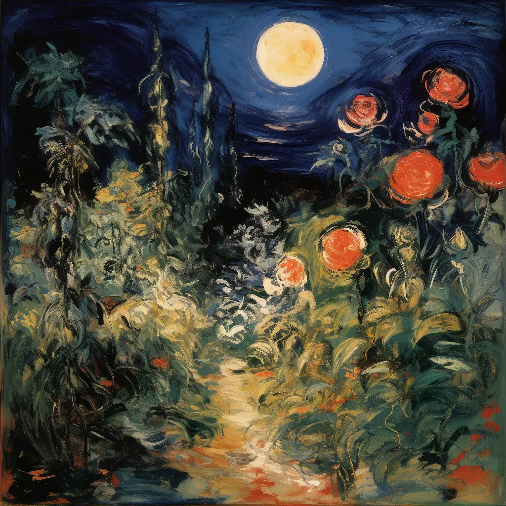 Nighttime garden with blooming flowers under a full moon - Image 3