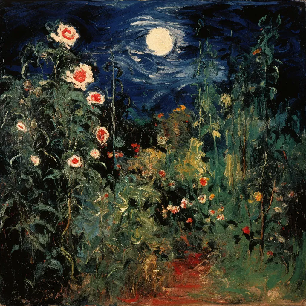 Nighttime garden with blooming flowers under a full moon - Image 4