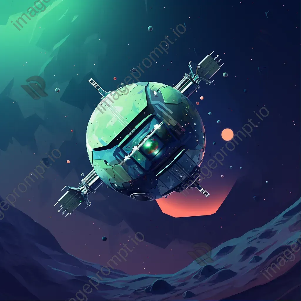 Retro-themed low-poly satellite orbiting over vibrant alien planet - Image 1