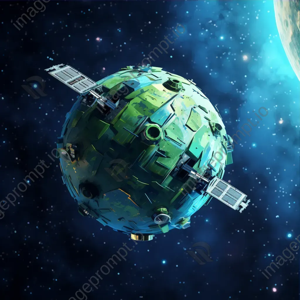 Retro-themed low-poly satellite orbiting over vibrant alien planet - Image 3