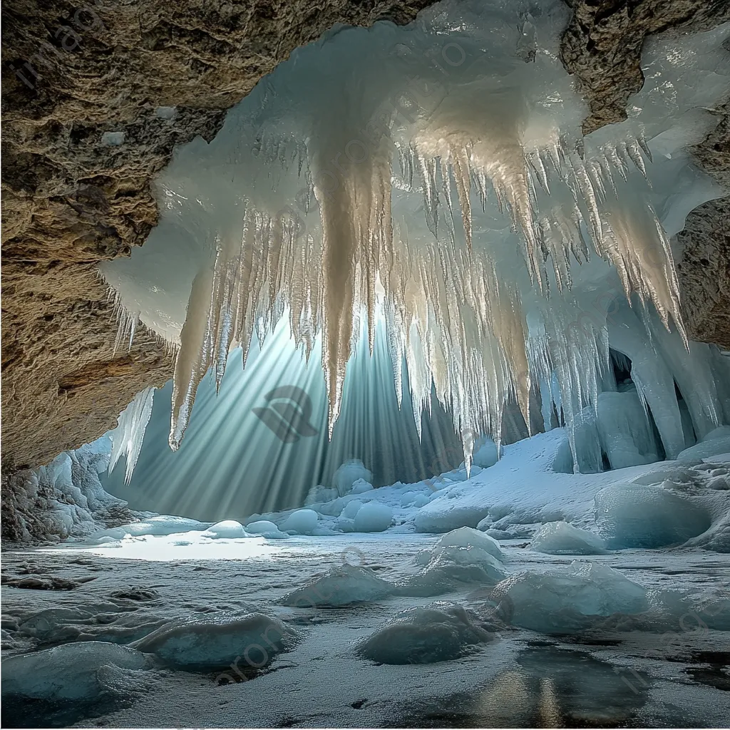 Icicles hanging from glacier cave ceiling with reflecting light - Image 1