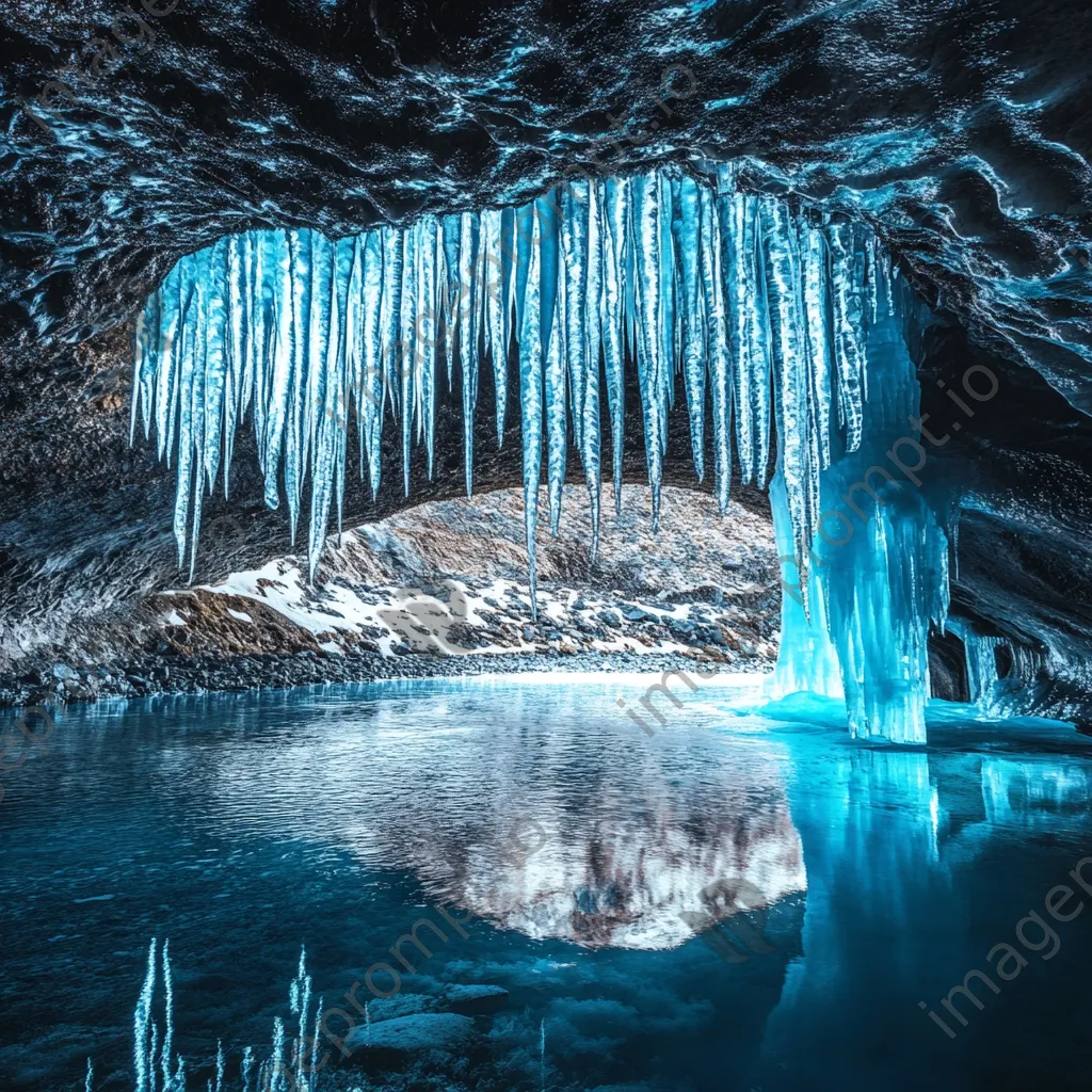 Icicles hanging from glacier cave ceiling with reflecting light - Image 2