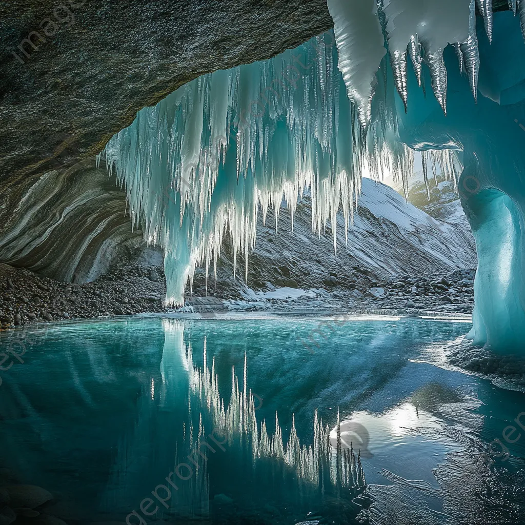 Icicles hanging from glacier cave ceiling with reflecting light - Image 3