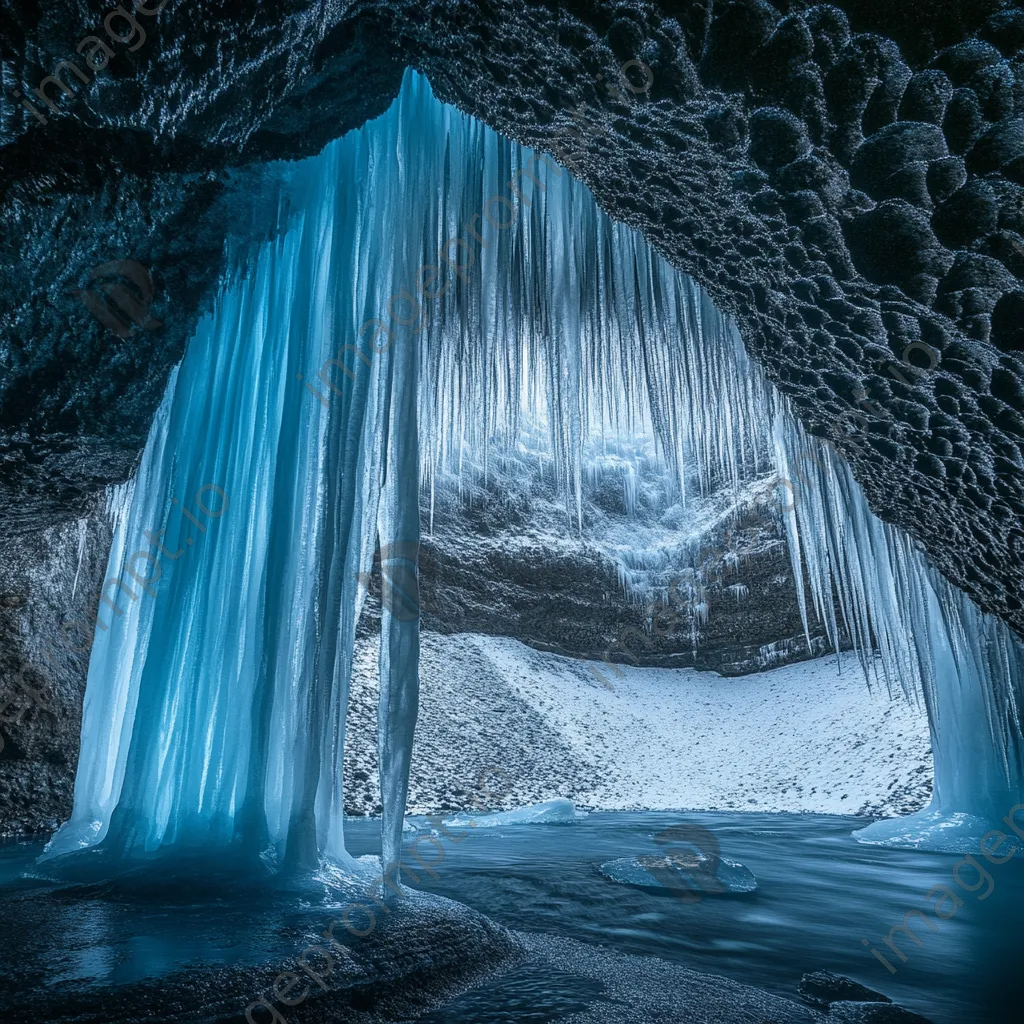 Icicles hanging from glacier cave ceiling with reflecting light - Image 4