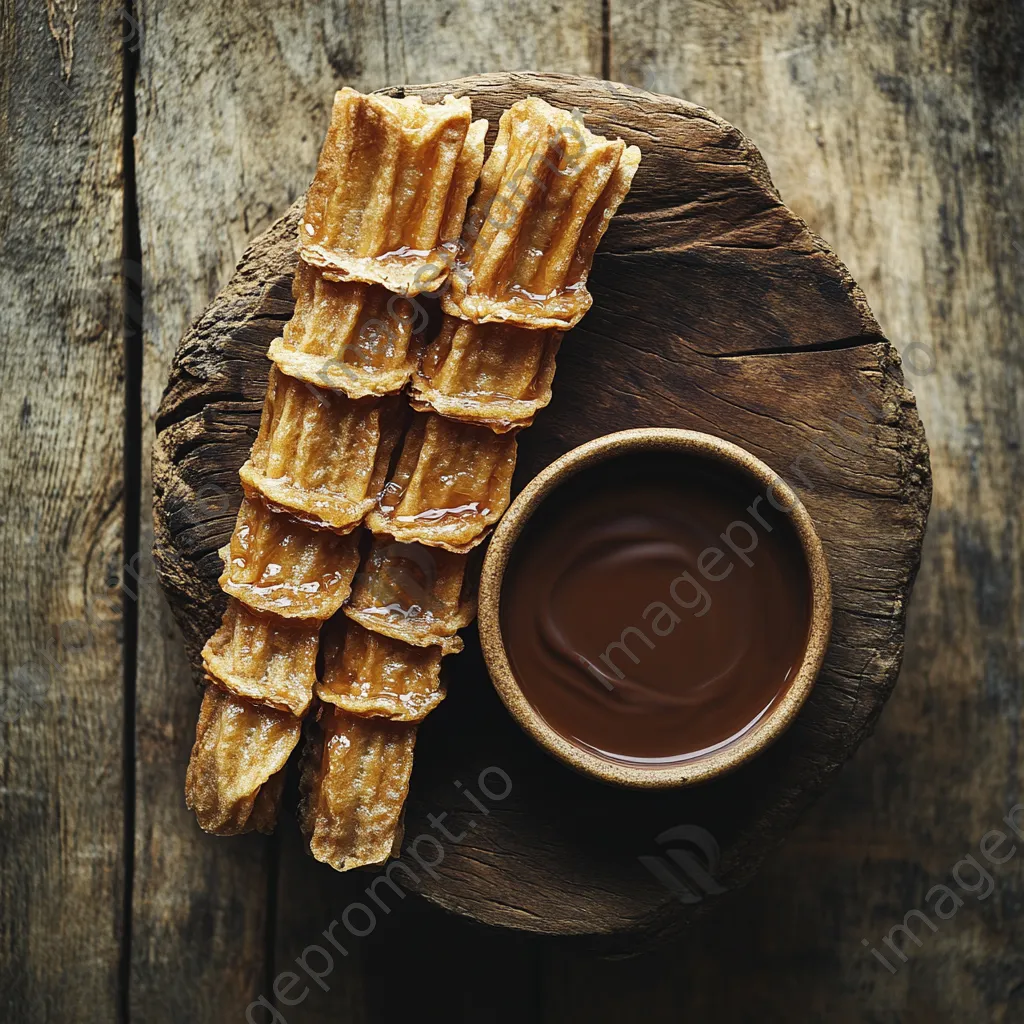 Spanish churros served with a bowl of melted chocolate for dipping - Image 1