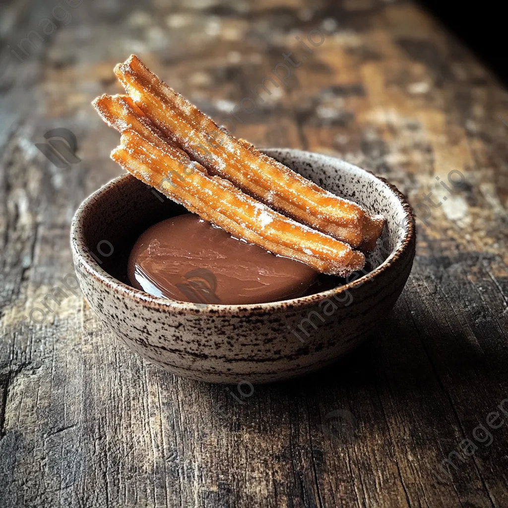 Spanish churros served with a bowl of melted chocolate for dipping - Image 2