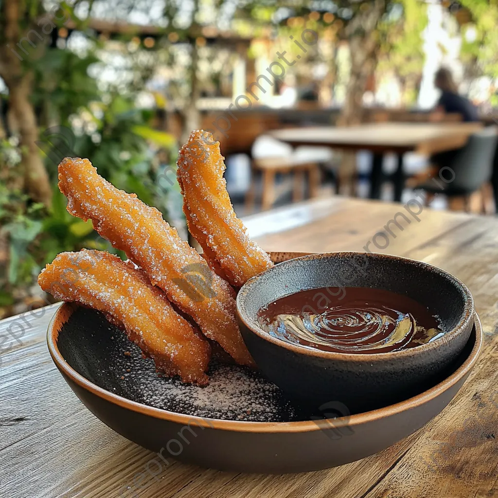 Spanish churros served with a bowl of melted chocolate for dipping - Image 3