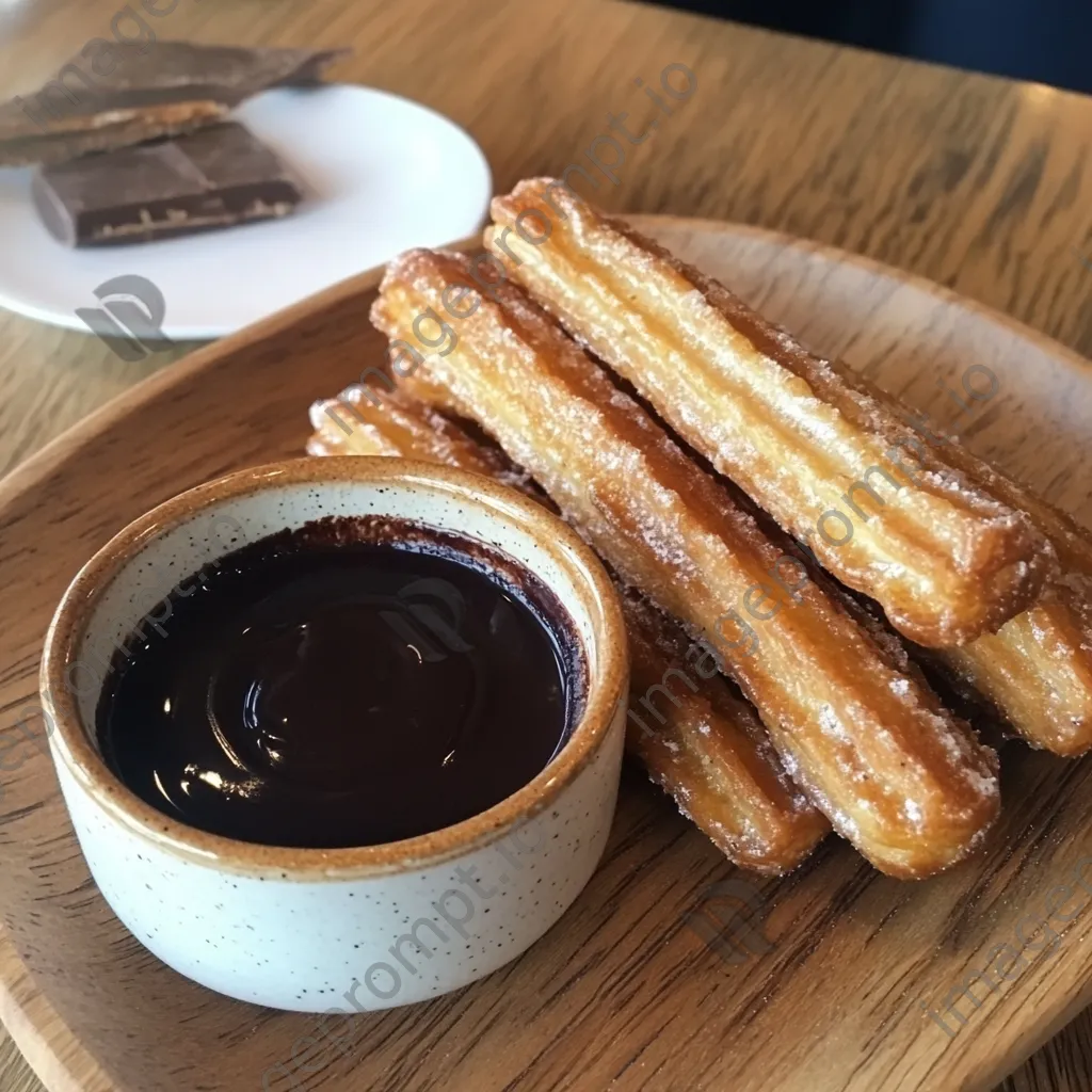 Spanish churros served with a bowl of melted chocolate for dipping - Image 4