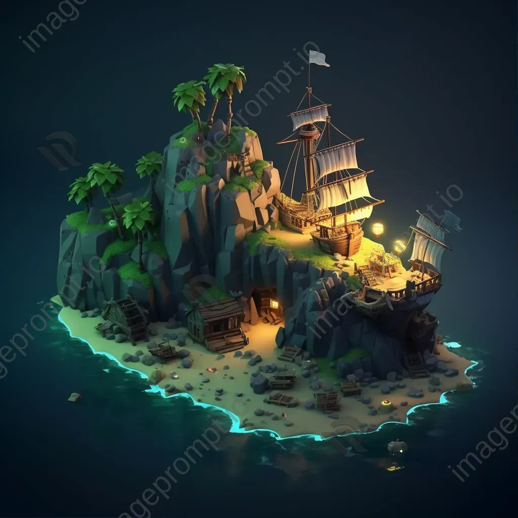 Isometric view of a low poly secret pirate cove filled with treasure - Image 1