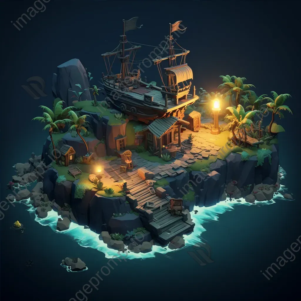 Isometric view of a low poly secret pirate cove filled with treasure - Image 4