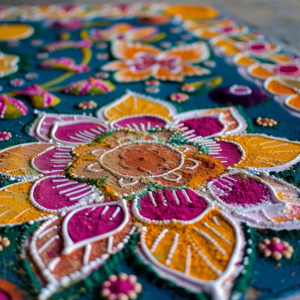 Indian rangoli art with colorful powders and cultural motifs - Image 1