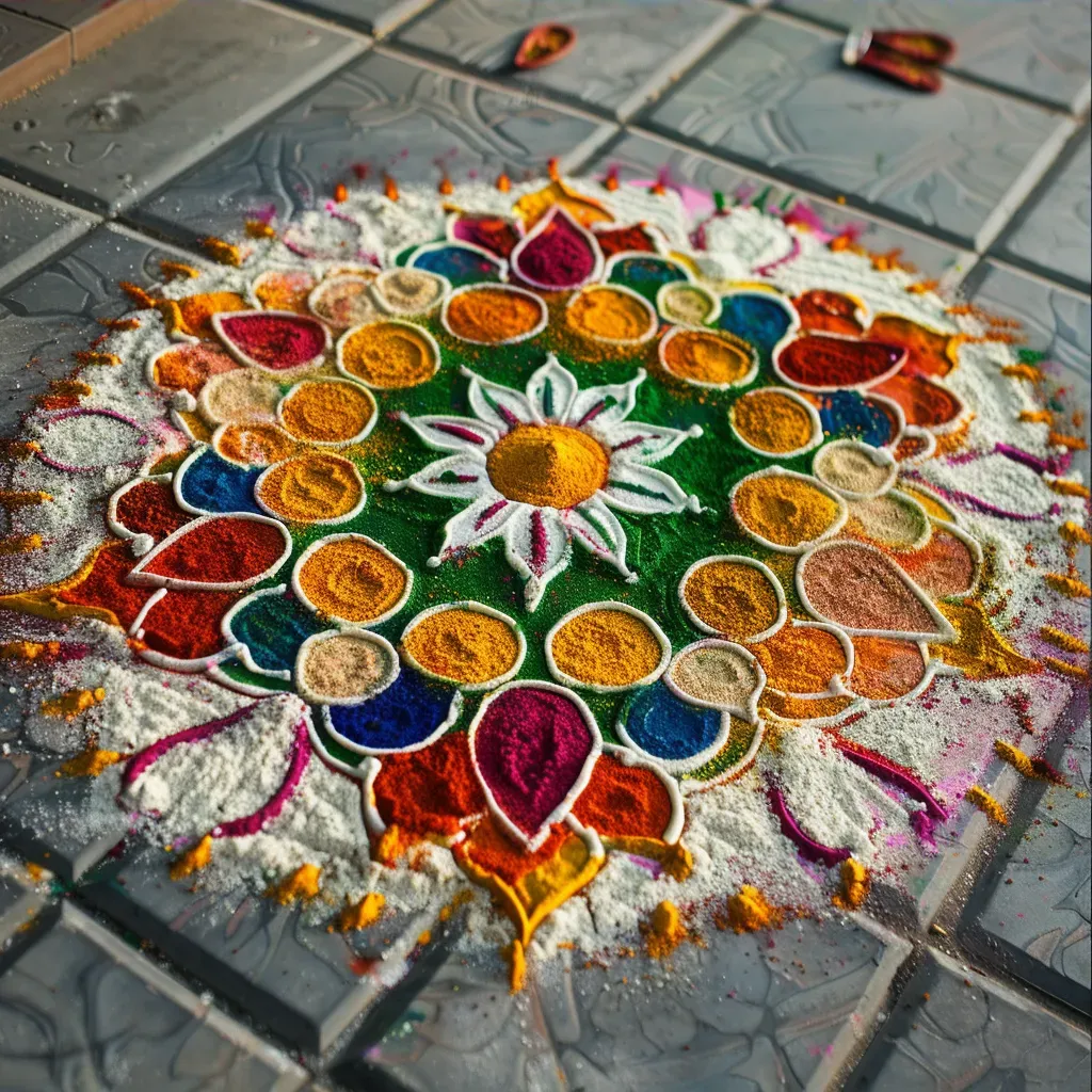 Indian rangoli art with colorful powders and cultural motifs - Image 3