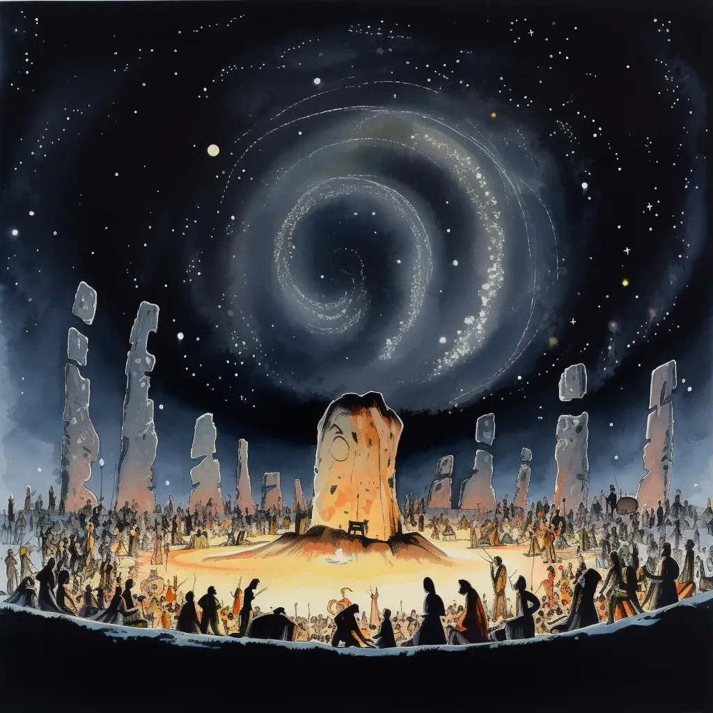 Image of an ancient stone circle with a bonfire under a starry night sky - Image 1