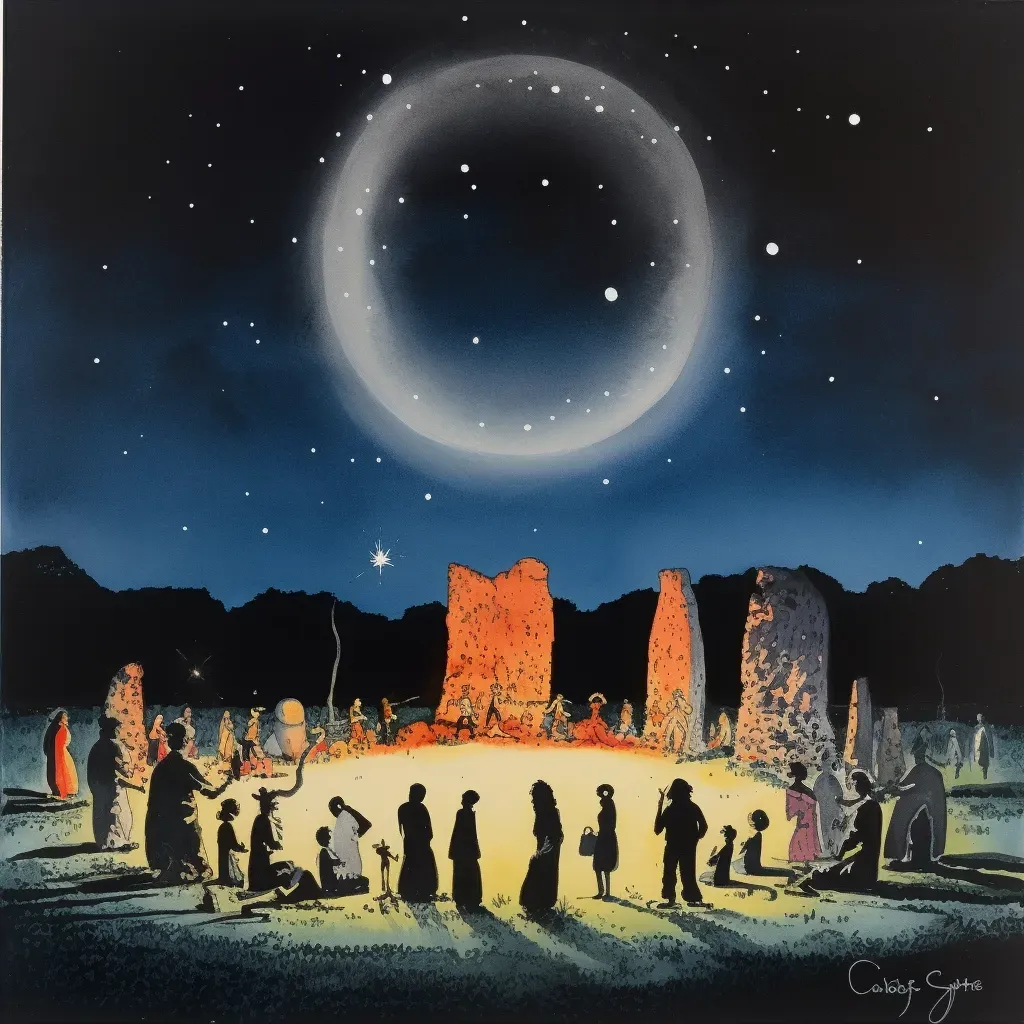 Image of an ancient stone circle with a bonfire under a starry night sky - Image 2